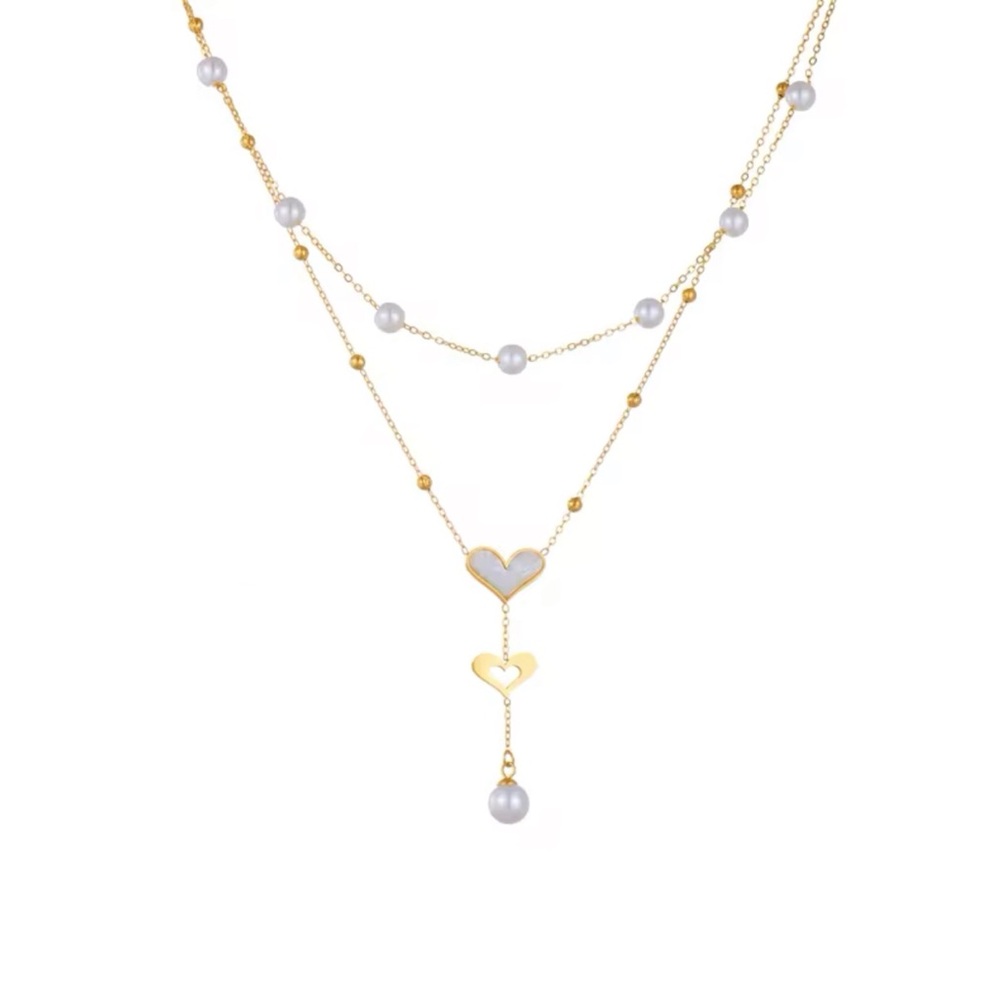 Pearl Heart Drop Necklace Set Stainless Steel
